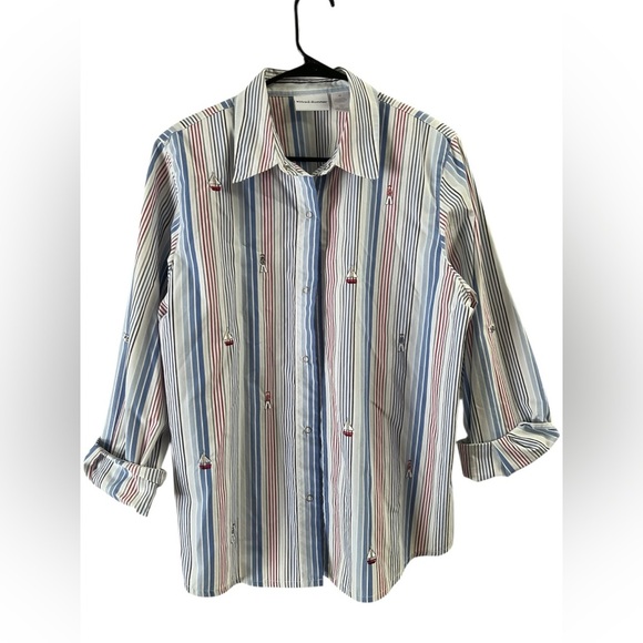 Alfred summer striped red white and blue boat boy long sleeve button down shirt - Picture 1 of 5